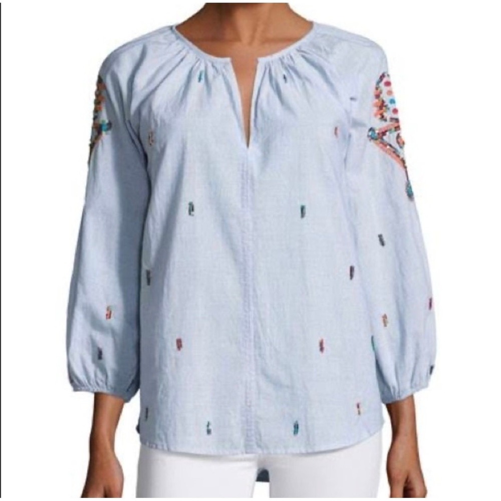 Velvet by Graham & Spencer Small Blouse Peasant Boho Beaded Striped Cotton Blue